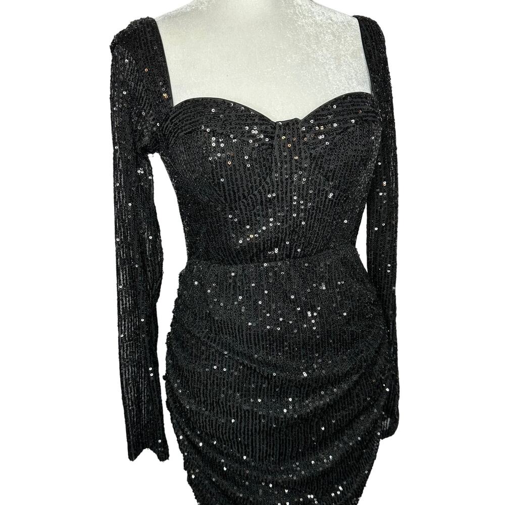 Hello Molly Black Sequin Posted Long Sleeve Ruched Party Cocktail Dress 6 Medium - Picture 6 of 13